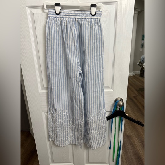 Frnch NWT Blue And White Striped Drawstring Wide Leg Pants Embroidered Small - Picture 4 of 12
